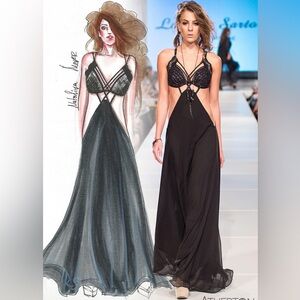 Hip cut out, body, conscious, black, backless gown prom dress red carpet.